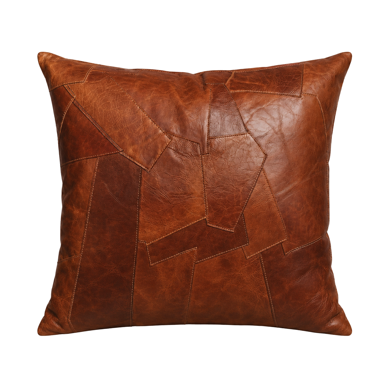 Capricornus Living Whiskey Brown square genuine cowhide irregular patchwork pillow on a transparent background