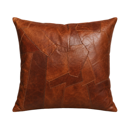 Capricornus Living Whiskey Brown square genuine cowhide irregular patchwork pillow on a transparent background