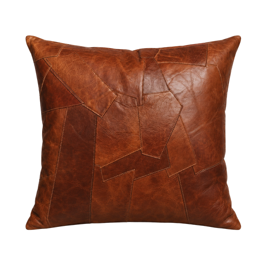 Capricornus Living Whiskey Brown square genuine cowhide irregular patchwork pillow on a transparent background