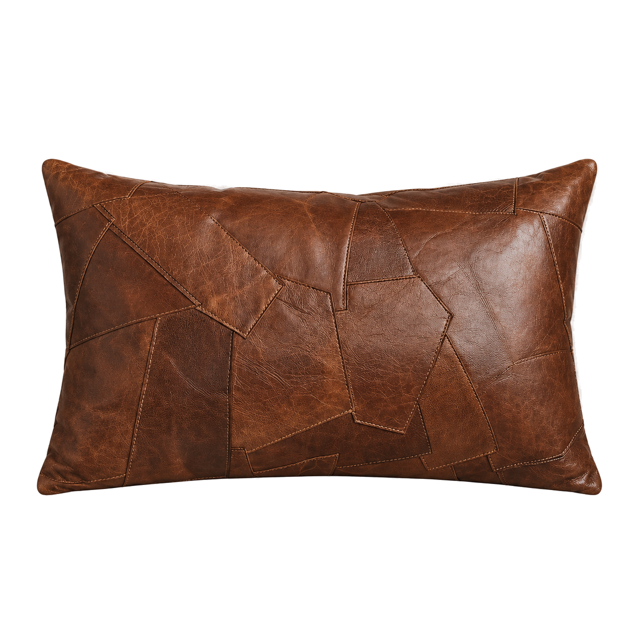 Capricornus Living Whiskey Brown lumbar genuine cowhide irregular patchwork pillow on a transparent background