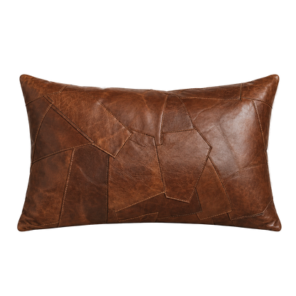 Capricornus Living Whiskey Brown lumbar genuine cowhide irregular patchwork pillow on a transparent background