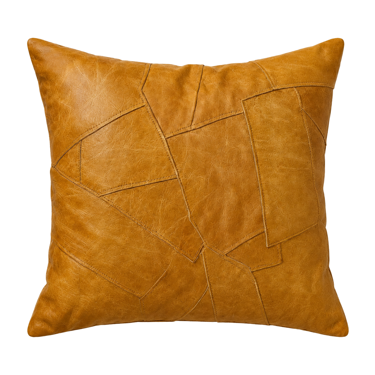 Capricornus Living Caramel Yellow square genuine cowhide irregular patchwork pillow on a transparent background