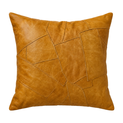 Capricornus Living Caramel Yellow square genuine cowhide irregular patchwork pillow on a transparent background