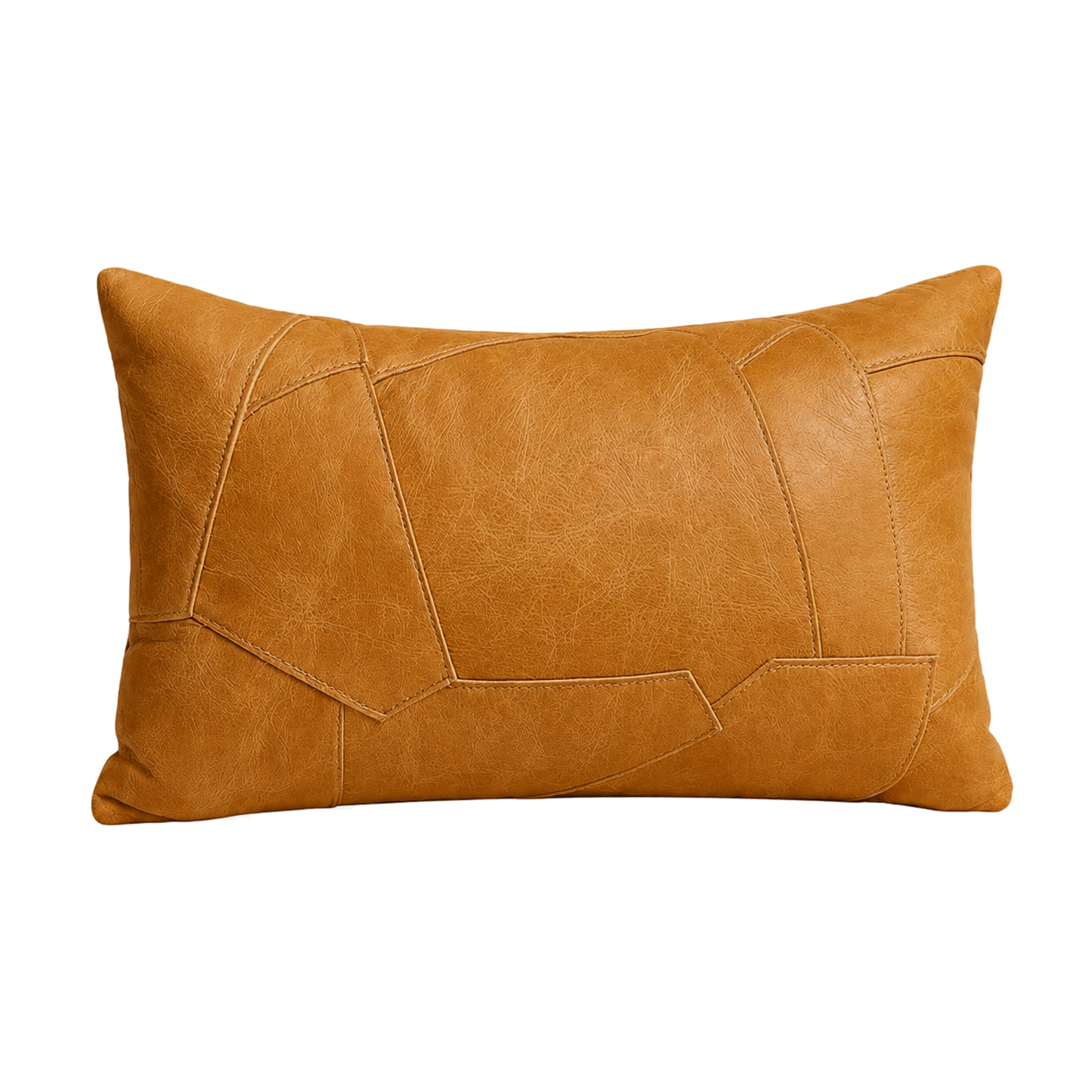 Capricornus Living Caramel Yellow lumbar genuine cowhide irregular patchwork pillow on a transparent background