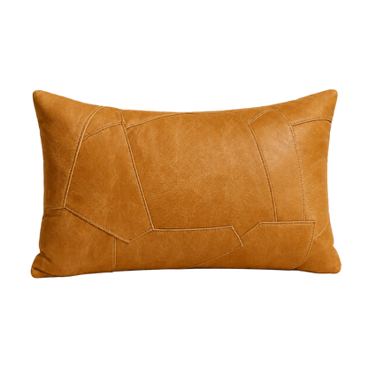 Capricornus Living Caramel Yellow lumbar genuine cowhide irregular patchwork pillow on a transparent background