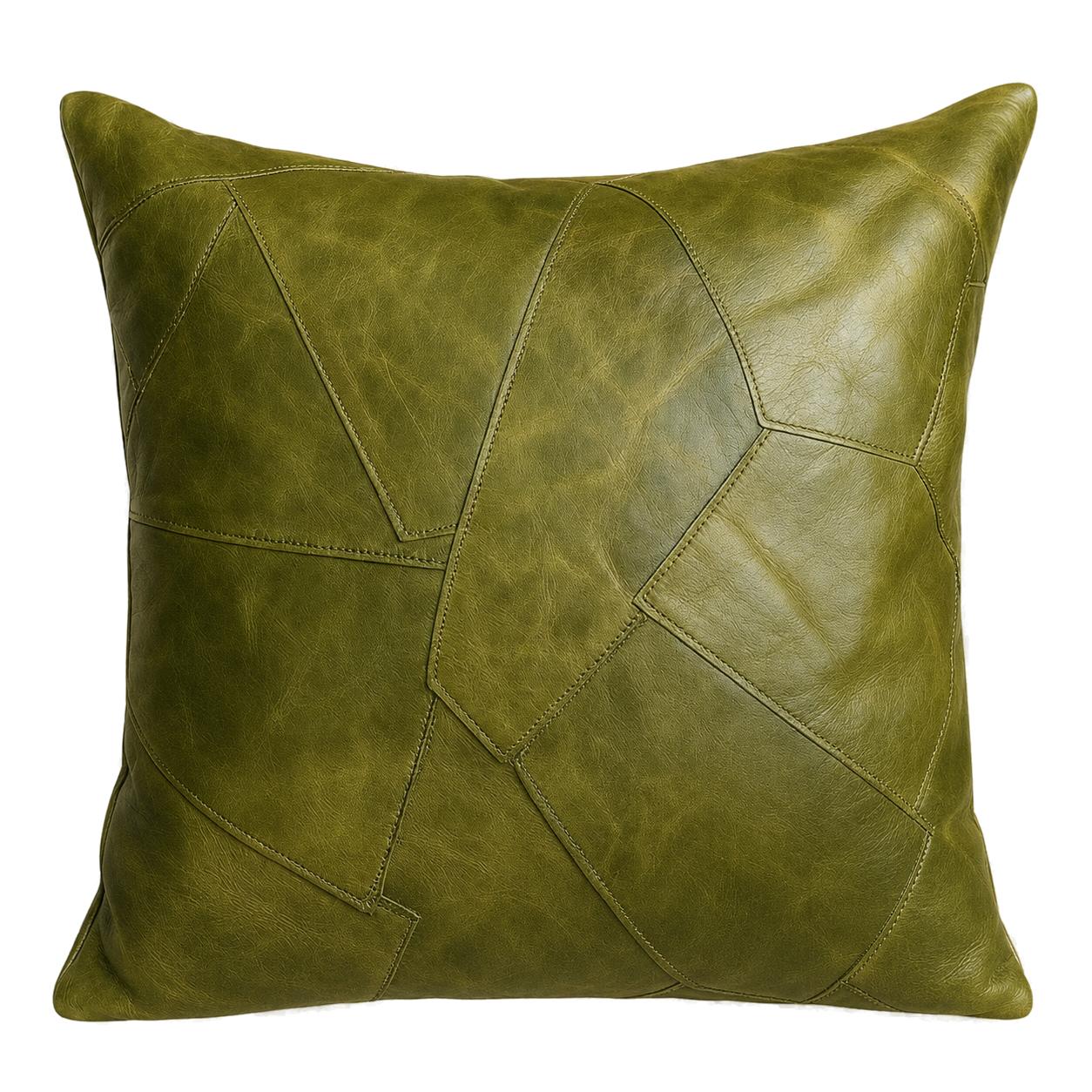 Capricornus Living Tundra Olive Green square genuine cowhide irregular patchwork pillow on a transparent background