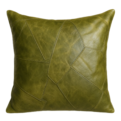 Capricornus Living Tundra Olive Green square genuine cowhide irregular patchwork pillow on a transparent background