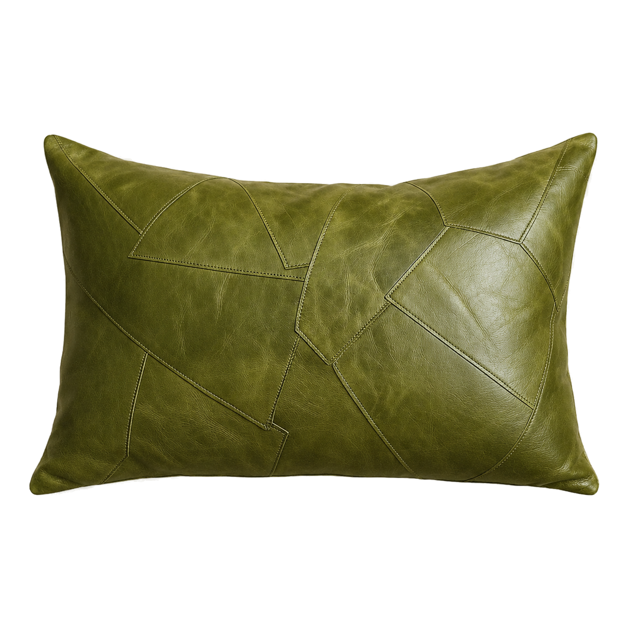 Capricornus Living Tundra Olive Green lumbar genuine cowhide irregular patchwork pillow on a transparent background