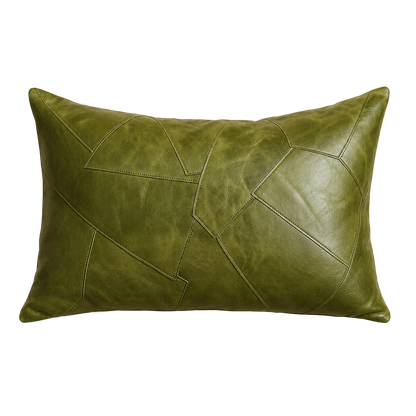 Capricornus Living Tundra Olive Green lumbar genuine cowhide irregular patchwork pillow on a transparent background