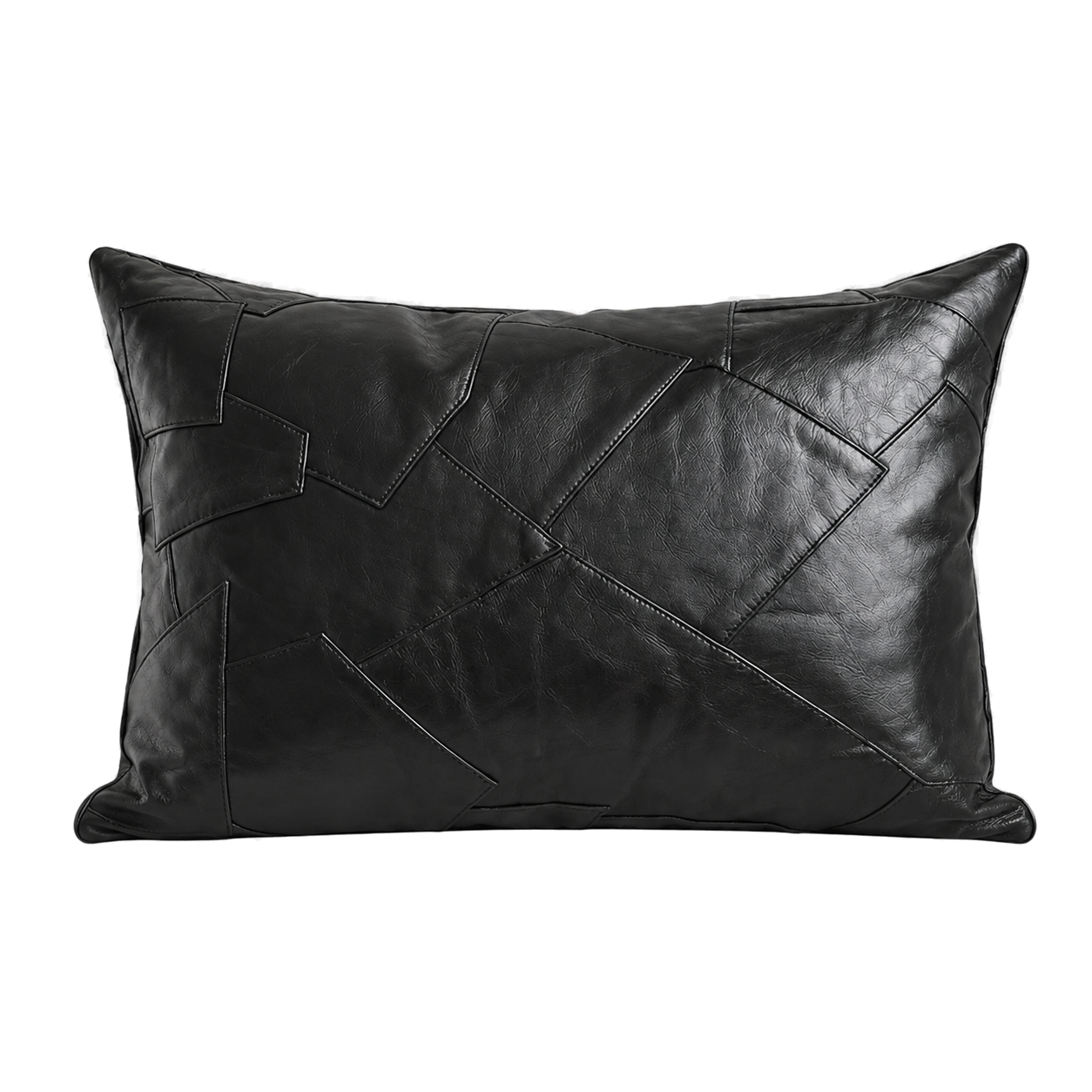 Capricornus Living Architectural Black lumbar genuine cowhide irregular patchwork pillow on a transparent background