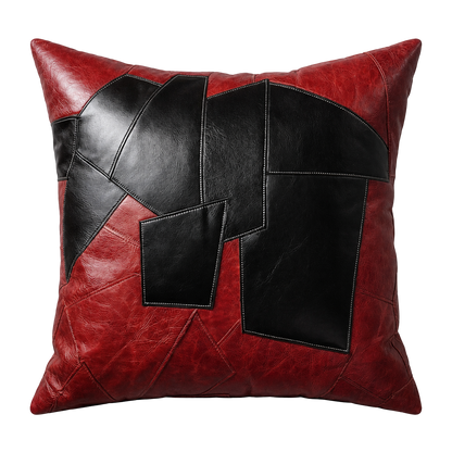 Capricornus Living Random Red and Black square genuine cowhide patchwork pillow on a transparent background
