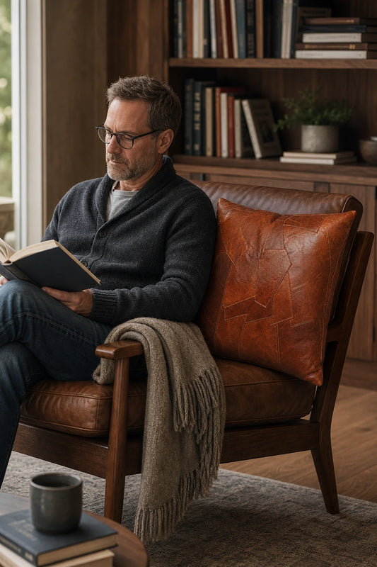 Capricornus Living Adult reading with a Whiskey Brown genuine cowhide patchwork pillow in an American home library
