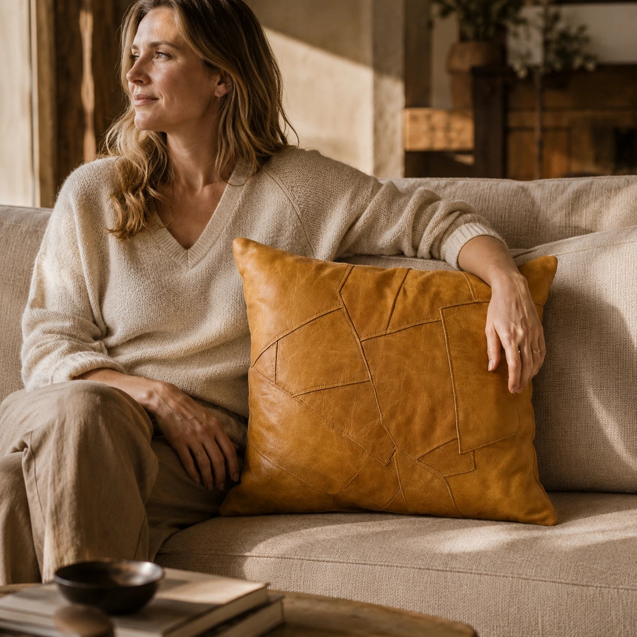Capricornus Living Adult with a Caramel Yellow square genuine cowhide patchwork pillow
