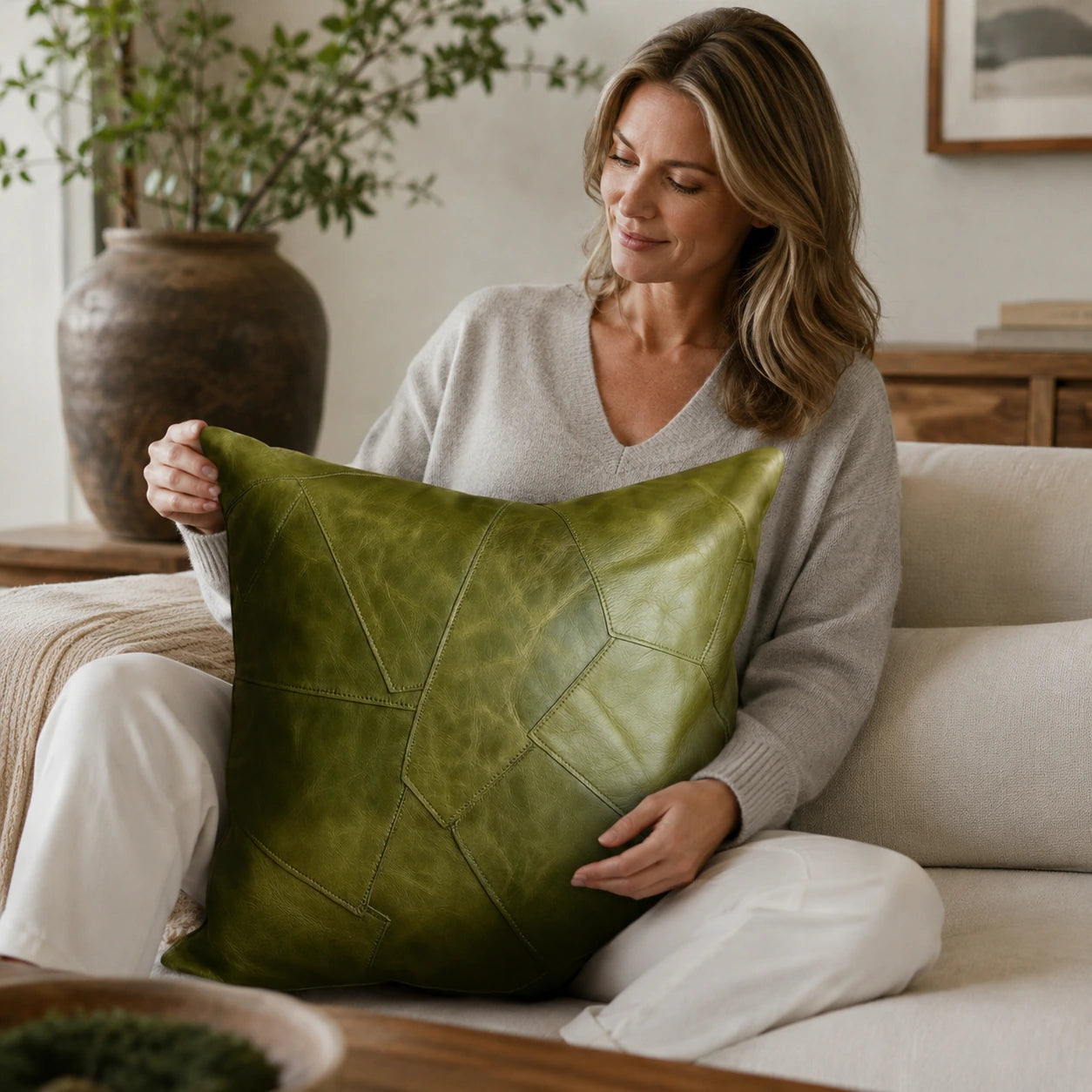 Capricornus Living Adult with a Tundra Olive Green square genuine cowhide patchwork pillow