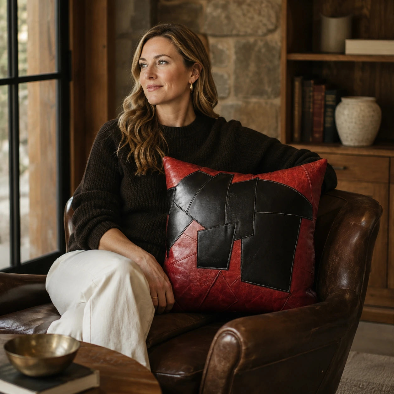 Capricornus Living Adult with a Random Red and Black square genuine cowhide patchwork pillow