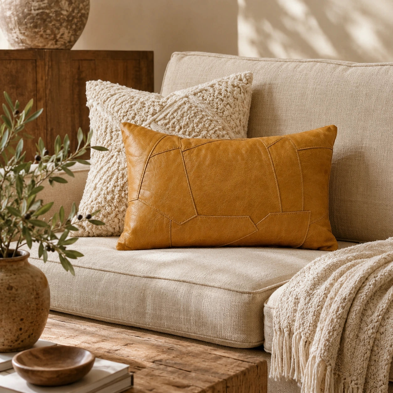Capricornus Living Caramel Yellow lumbar genuine cowhide patchwork pillow styled on a sofa