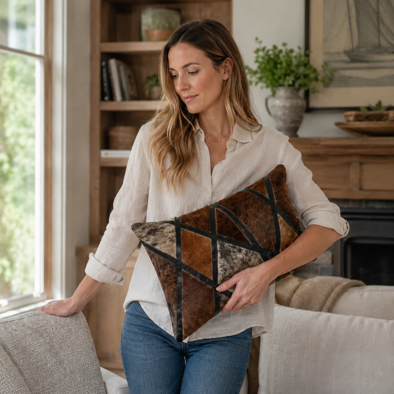 Capricornus Living Coffee Tiger lumbar cowhide pillow shown at scale beside a lounge chair