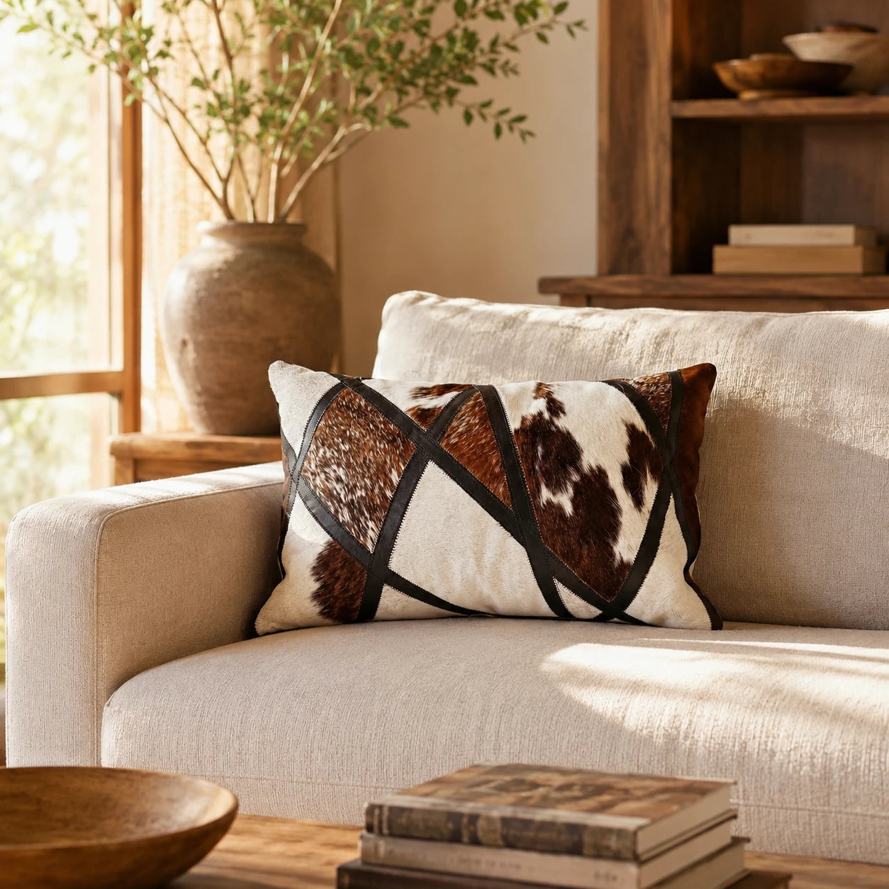 Capricornus Living Coffee and Ivory square cowhide pillow styled on a calm neutral sofa