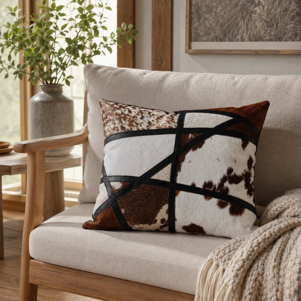 Capricornus Living Coffee and Ivory square cowhide pillow styled on a wood frame chair
