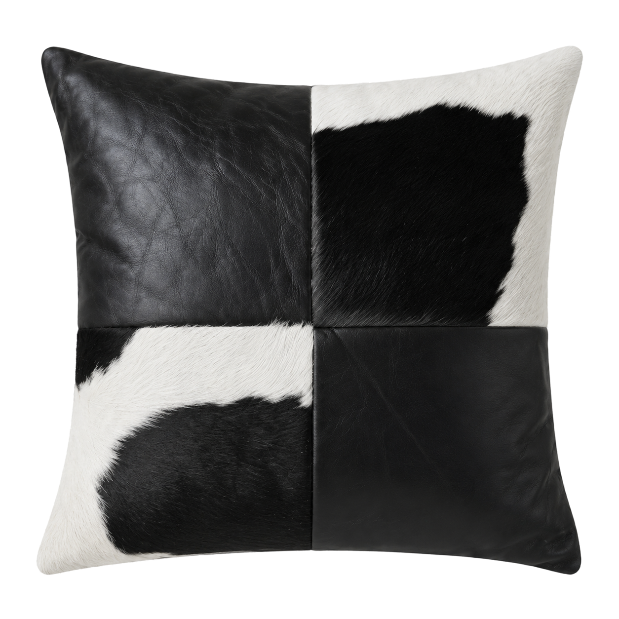 Obsidian black oil-waxed leather and black-white cowhide square pillow on transparent background