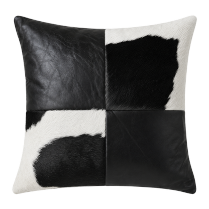 Obsidian black oil-waxed leather and black-white cowhide square pillow on transparent background