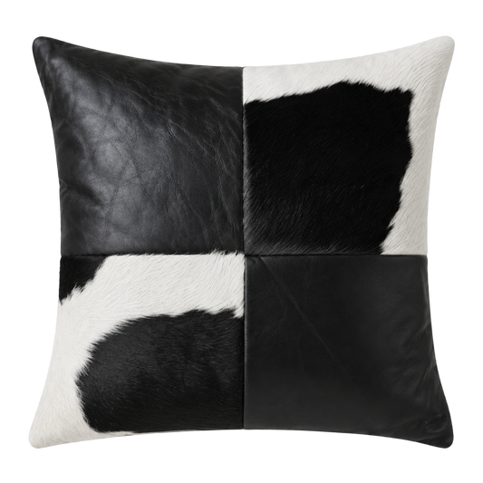 Obsidian black oil-waxed leather and black-white cowhide square pillow on transparent background