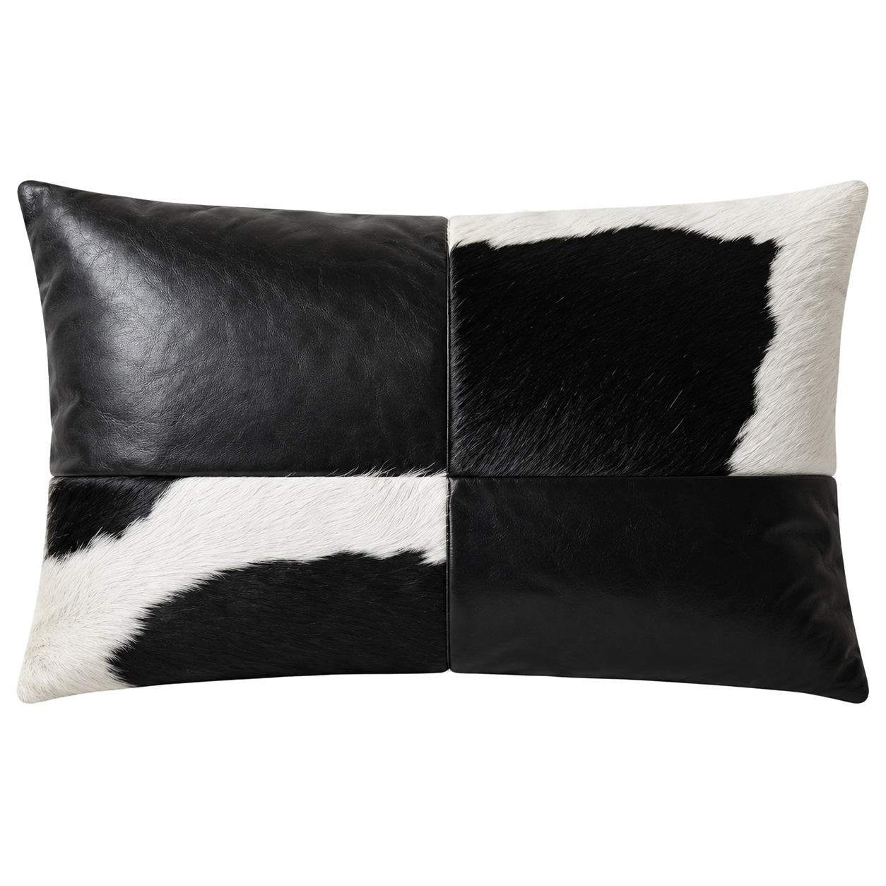 Obsidian black oil-waxed leather and black-white cowhide lumbar pillow on transparent background