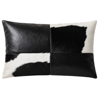Obsidian black oil-waxed leather and black-white cowhide lumbar pillow on transparent background