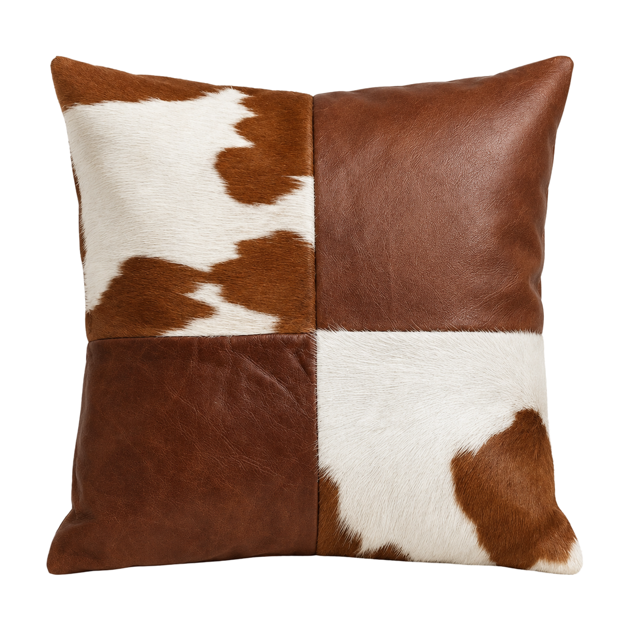 Cognac brown oil-waxed leather and brown-white cowhide square pillow on transparent background