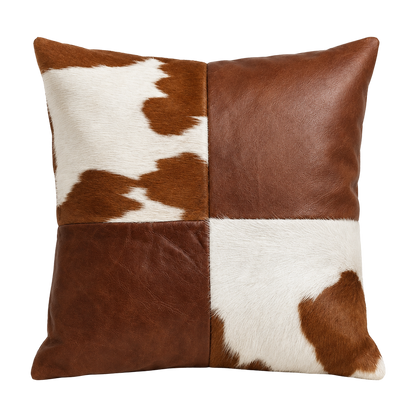 Cognac brown oil-waxed leather and brown-white cowhide square pillow on transparent background