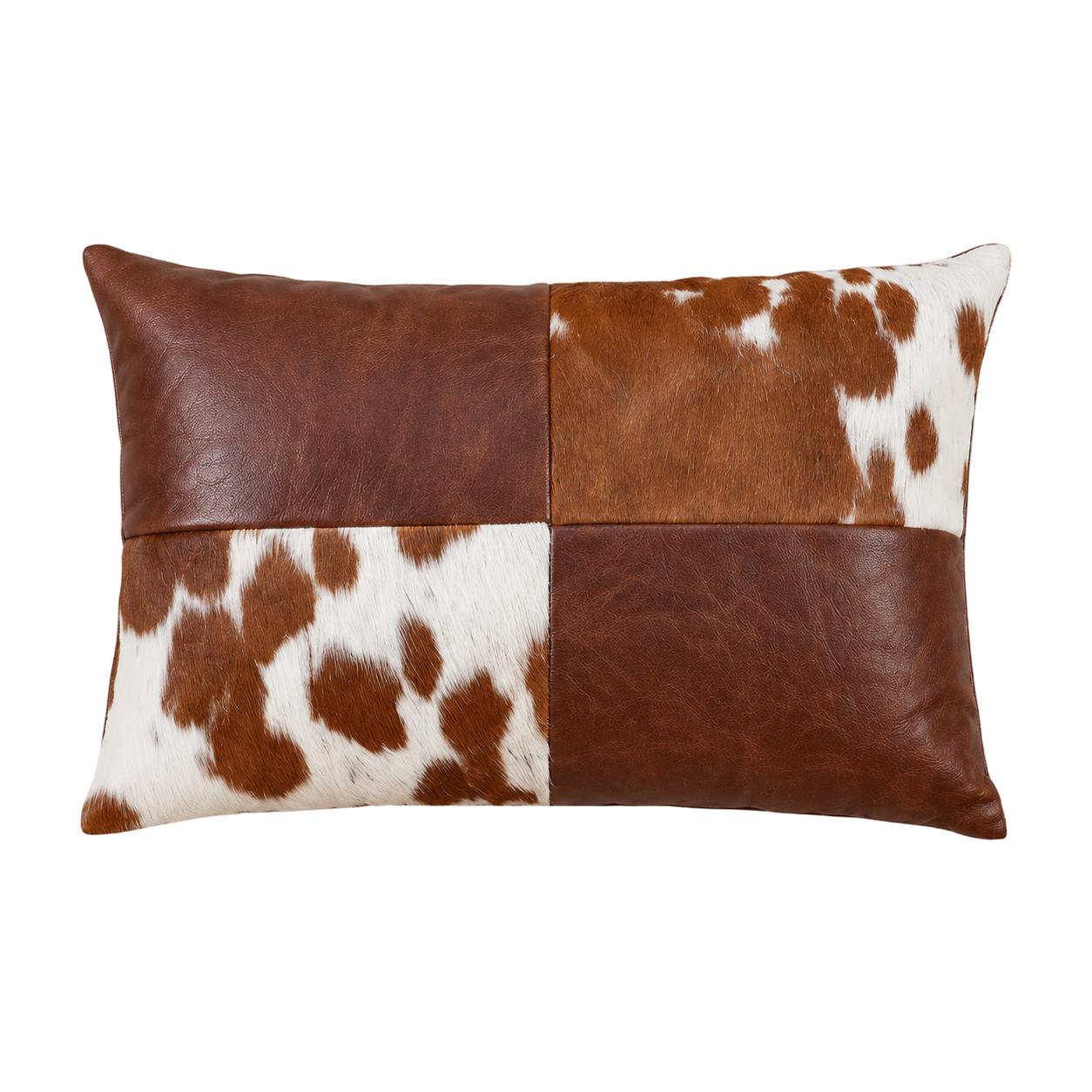 Cognac brown oil-waxed leather and brown-white cowhide lumbar pillow on transparent background