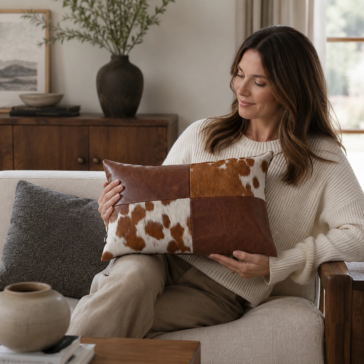 Woman over 35 holding a cognac brown leather and cowhide lumbar pillow