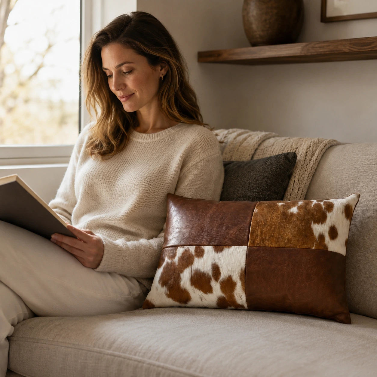 Woman reading beside a cognac brown leather and cowhide lumbar pillow on a sofa