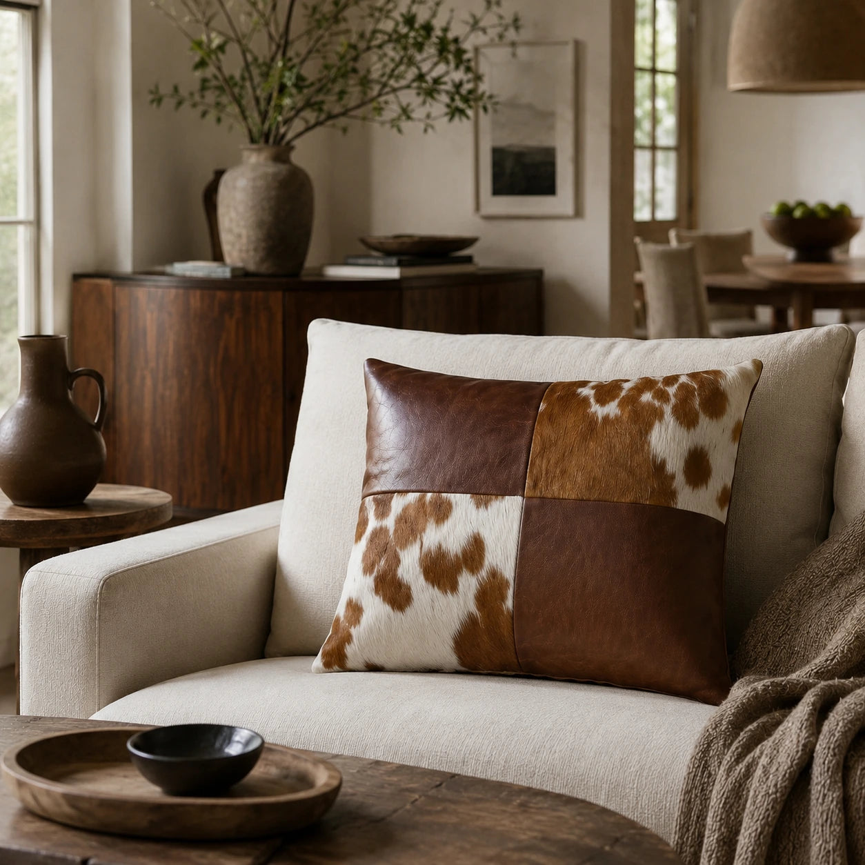 Cognac brown leather and cowhide square pillow styled in a warm wood living room