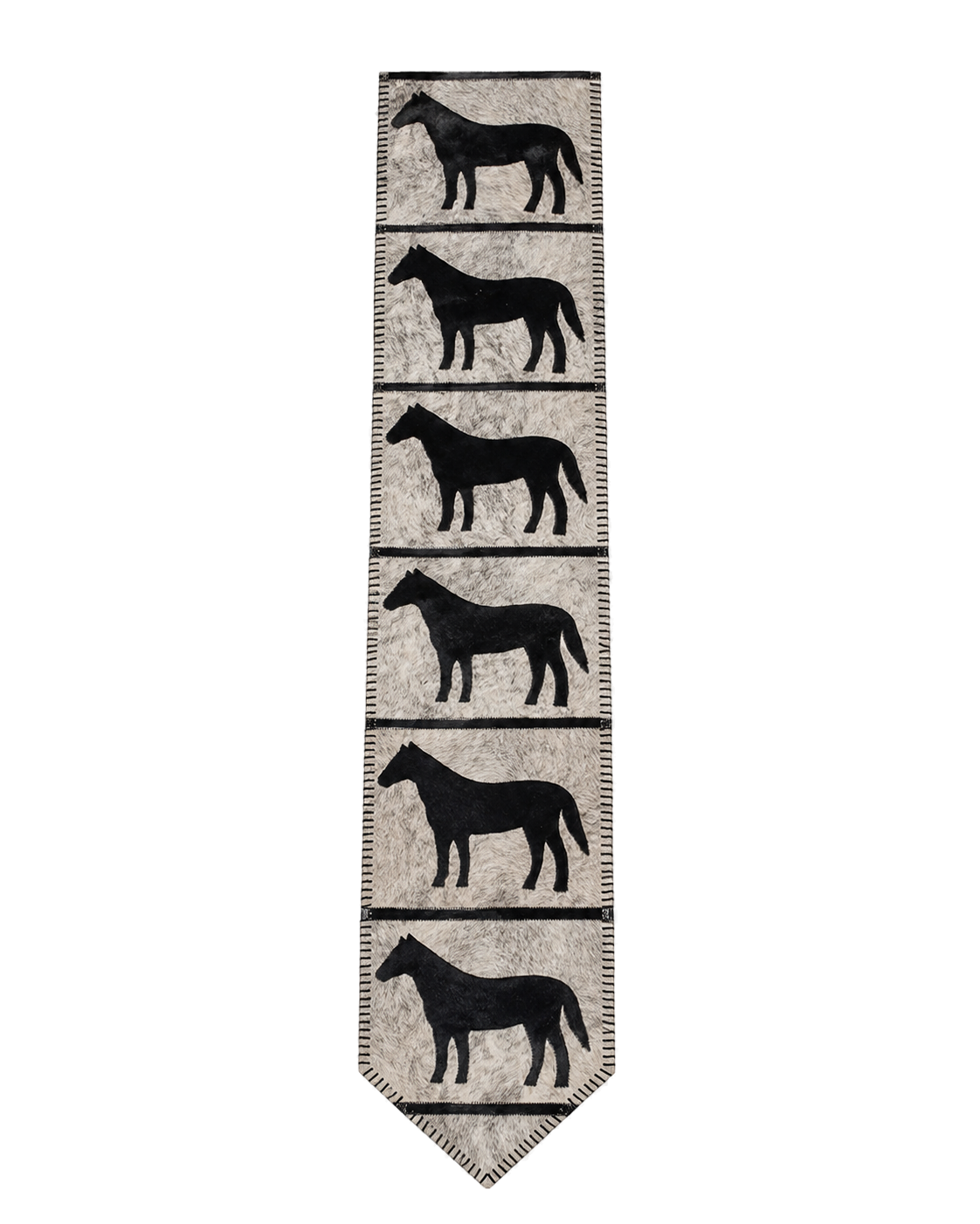 Capricornus Living Gray and Black Horse Motif genuine hair-on cowhide table runner on a transparent background