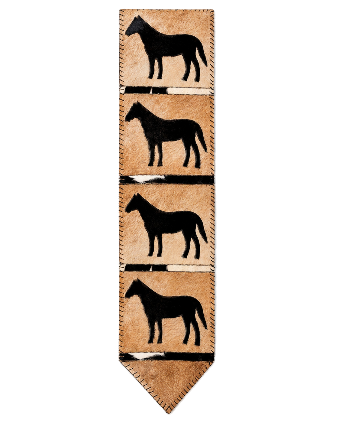 Capricornus Living Camel and Black Horse Motif genuine hair-on cowhide table runner on a transparent background