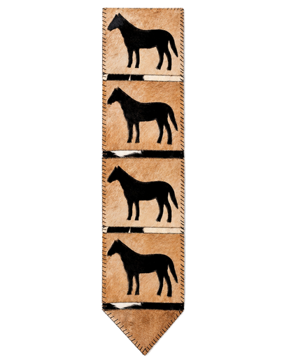 Capricornus Living Camel and Black Horse Motif genuine hair-on cowhide table runner on a transparent background