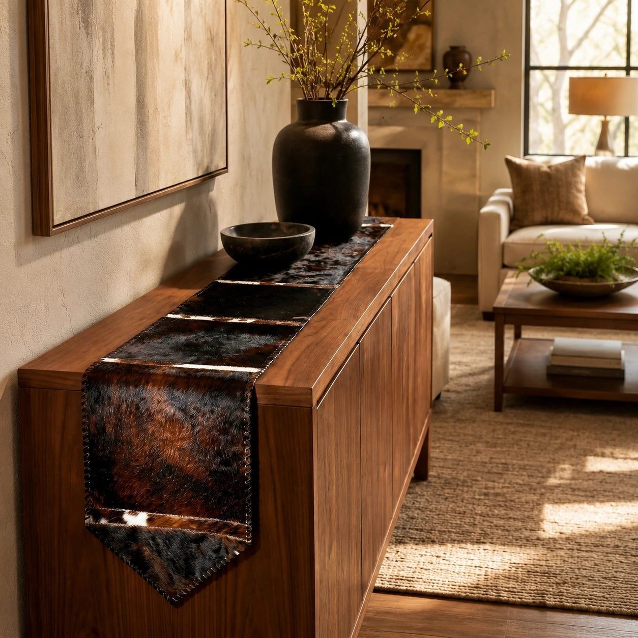 Capricornus Living Random Dark Brindle cowhide table runner styled on a walnut console