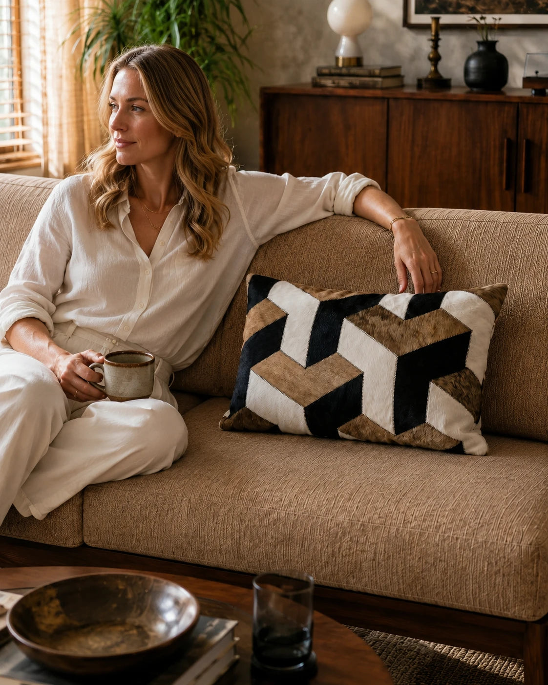 Capricornus Living Tan Tiger geometric cowhide pillow used on a warm neutral sofa