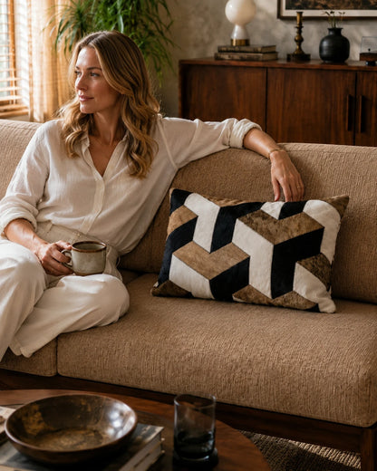 Capricornus Living Tan Tiger geometric cowhide pillow used on a warm neutral sofa