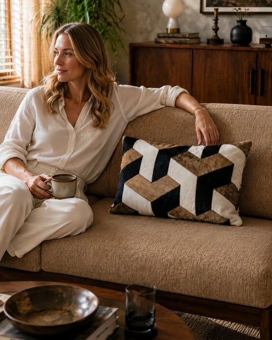 Capricornus Living Tan Tiger geometric cowhide pillow used on a warm neutral sofa