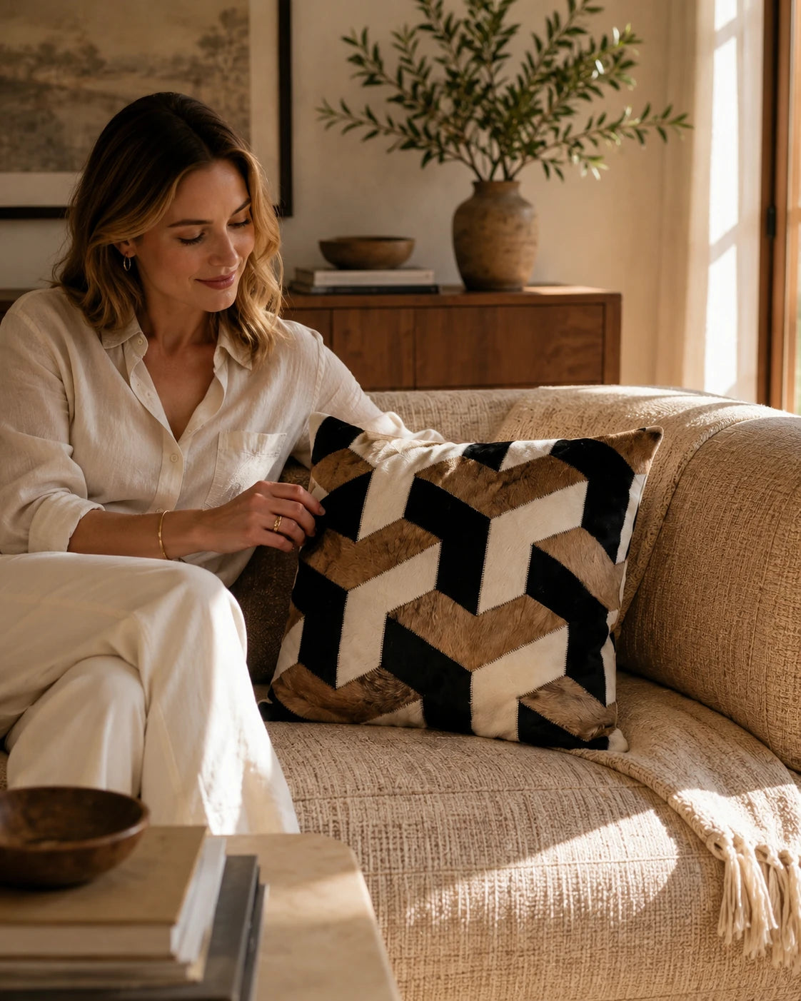 Capricornus Living Tan Tiger geometric cowhide pillow shown at scale in a warm American living room