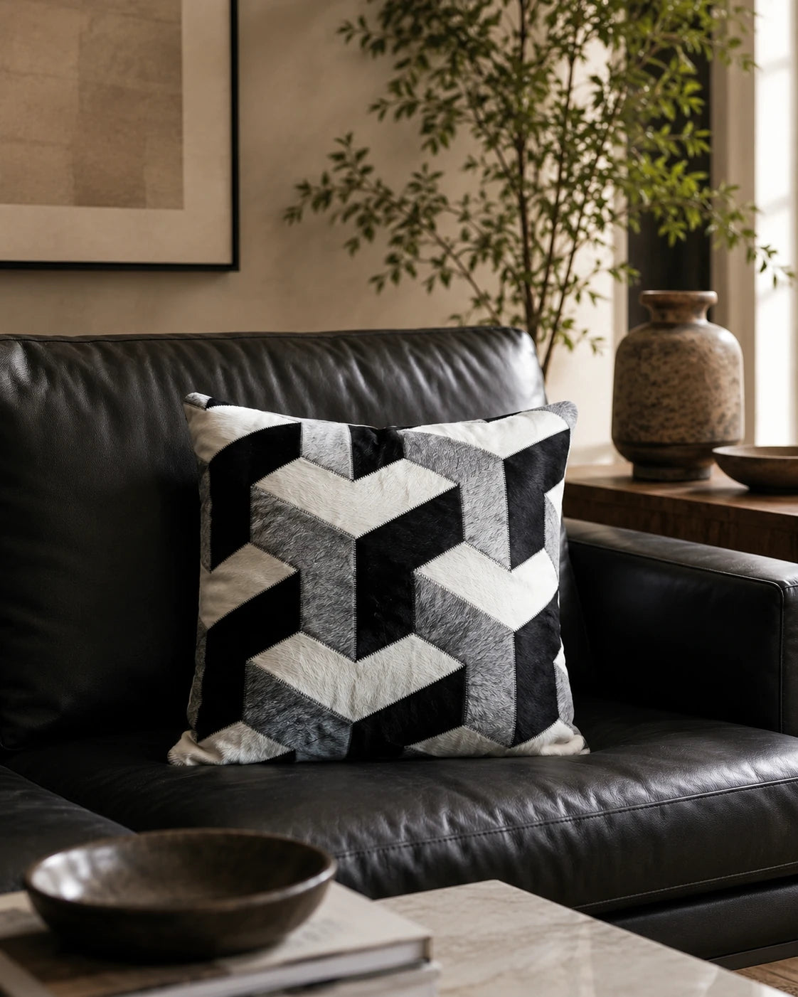 Capricornus Living Silver Gray geometric cowhide pillow styled on a black leather sofa