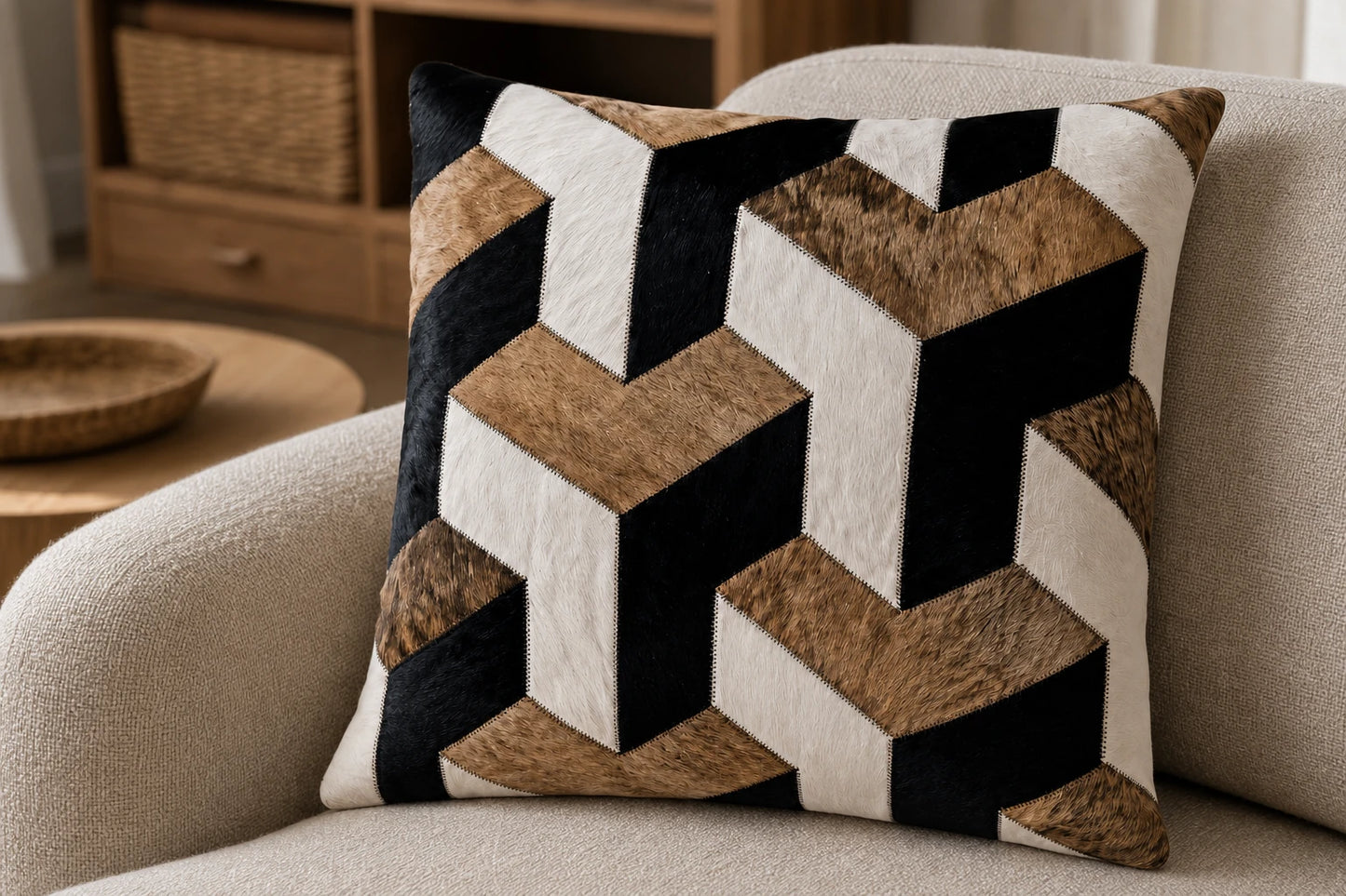 Capricornus Living Close detail of Tan Tiger natural cowhide texture geometric panels and stitching