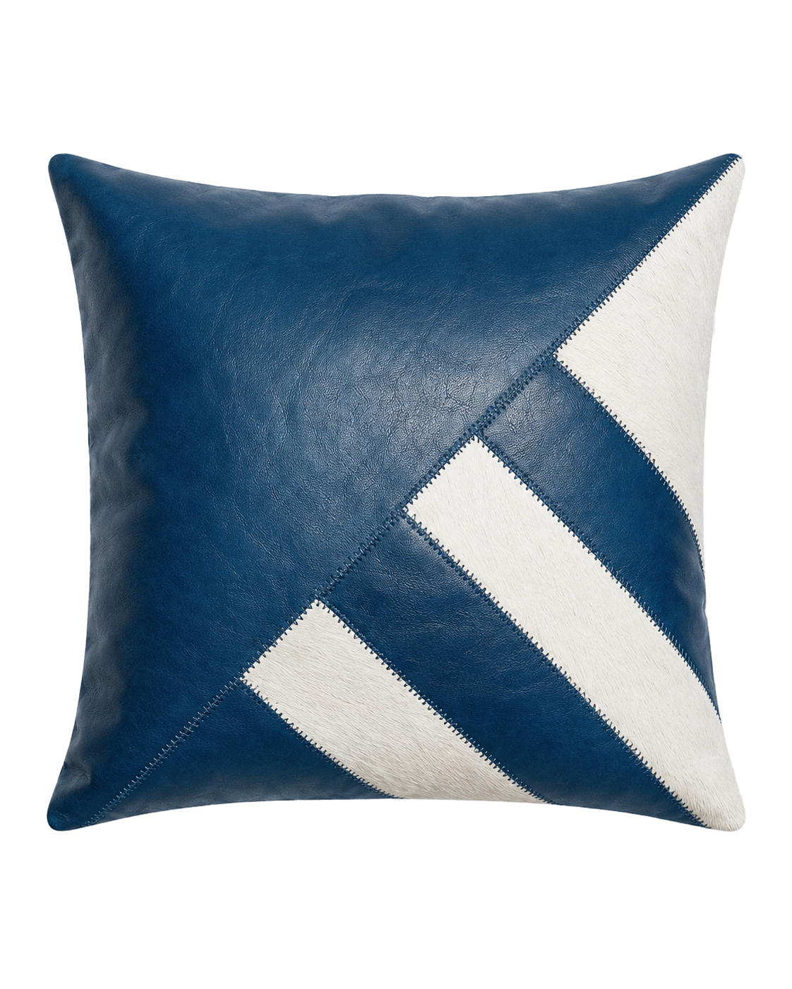 Prussian blue leather and ivory cowhide geometric square pillow on transparent background