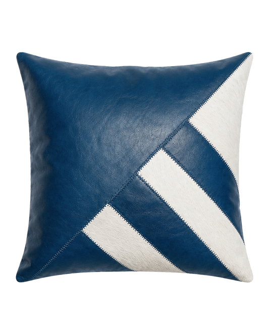 Prussian blue leather and ivory cowhide geometric square pillow on transparent background