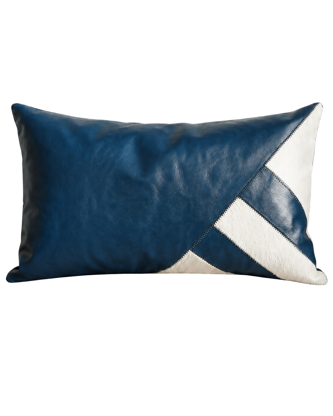Prussian blue leather and ivory cowhide geometric lumbar pillow on transparent background