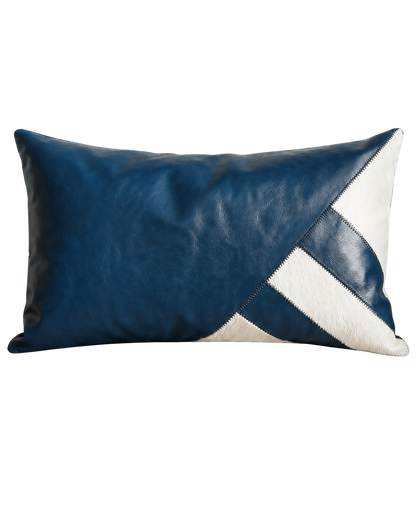Prussian blue leather and ivory cowhide geometric lumbar pillow on transparent background