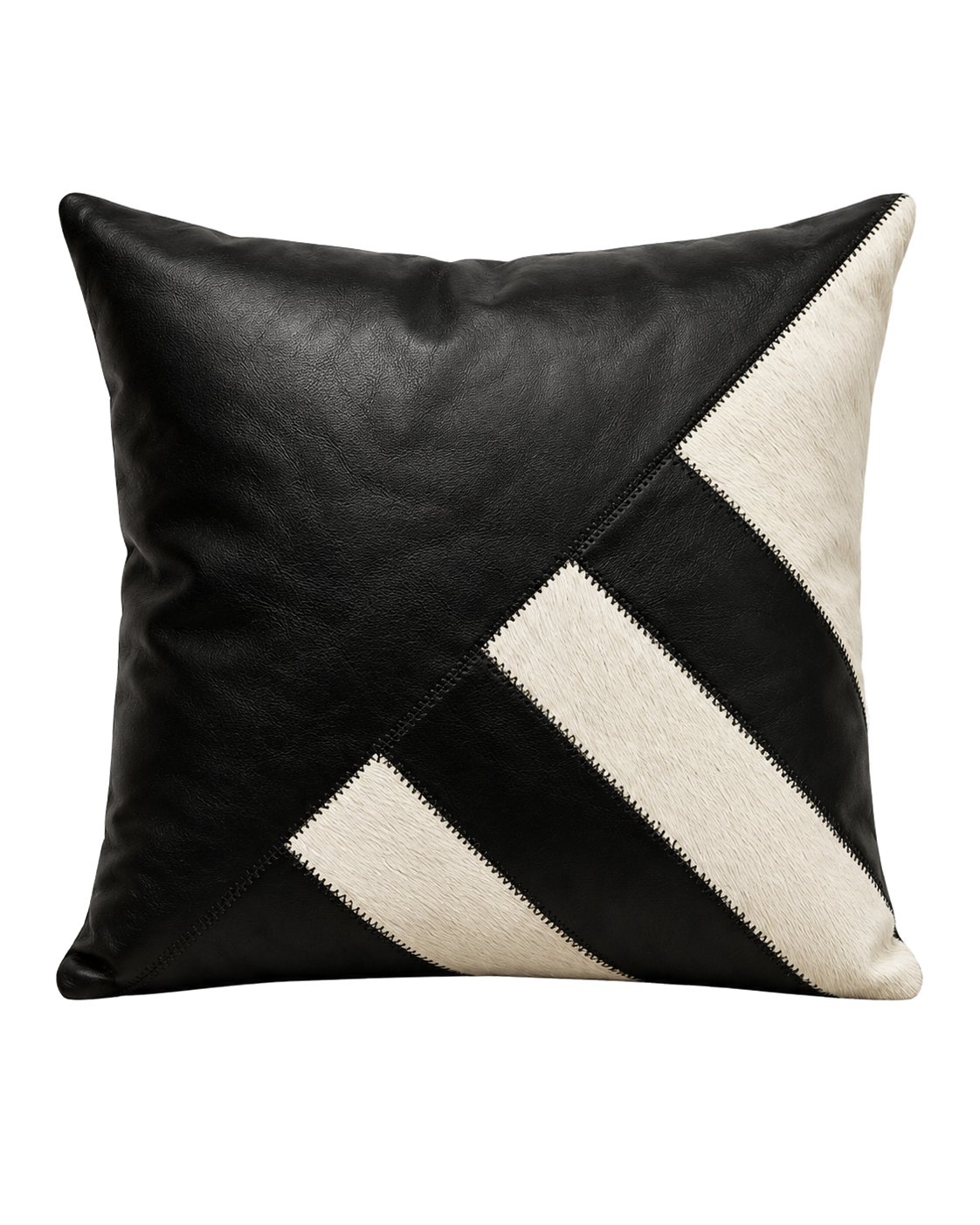 Architectural black leather and ivory cowhide geometric square pillow on transparent background
