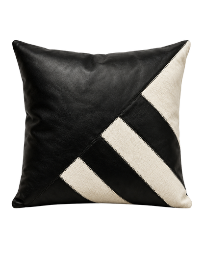 Architectural black leather and ivory cowhide geometric square pillow on transparent background
